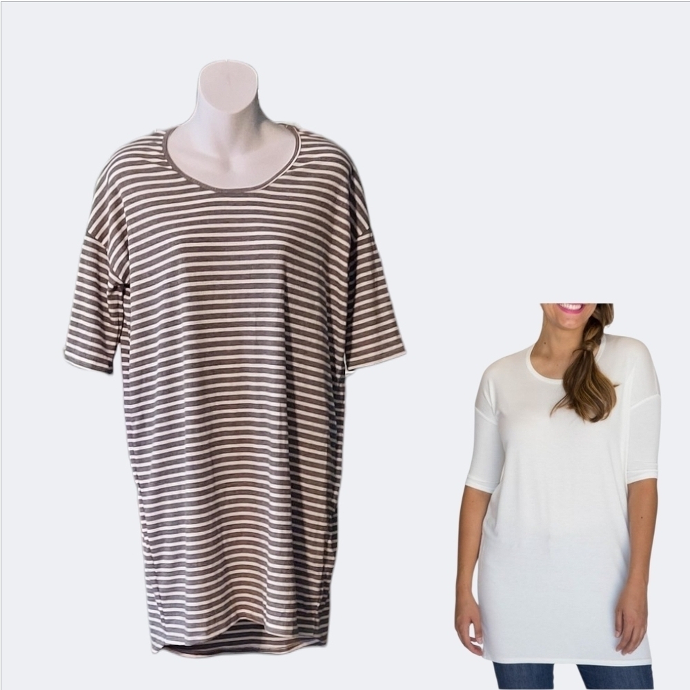 NWT Agnes & Dora Ribbed Gray and White Striped Hi-Low Tunic ~size Small TALL